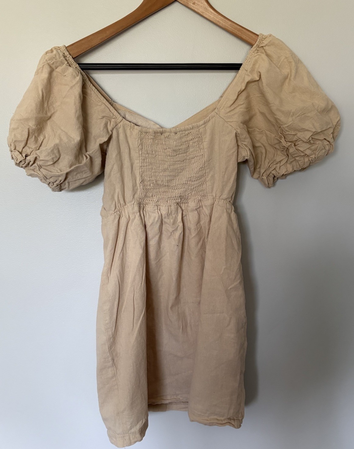 Milk & Honey Beige Woven Cotton Puff Sleeve Button Mini Dress, small