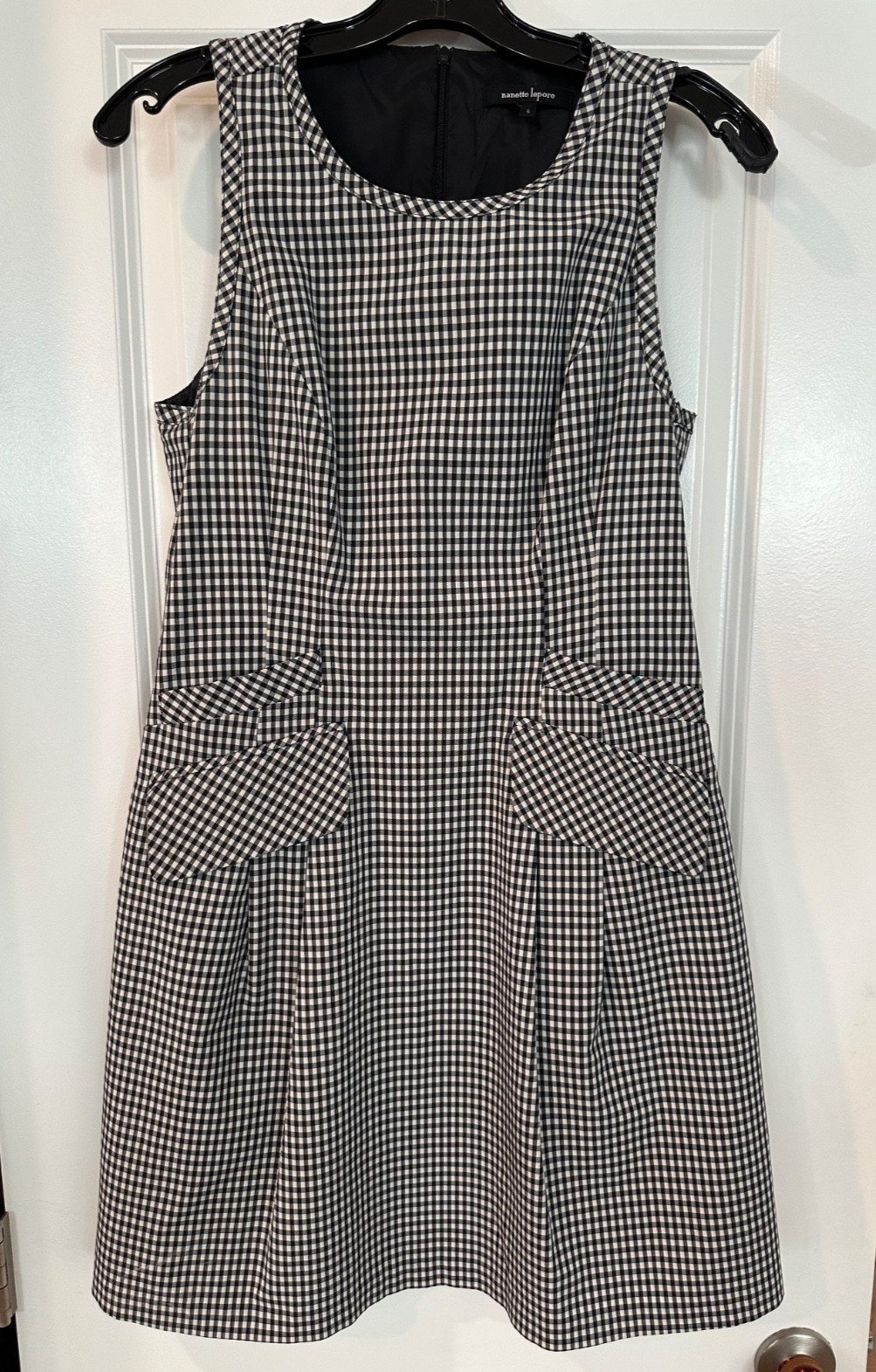 Nanette Lepore Size 6 Black White Gingham Fit Flare Dress Pockets Sleeveless