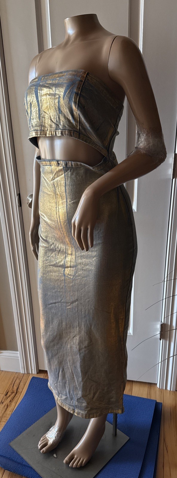 AKIRA Label Im Gold Denim Coated Midi Dress Back Zip Women’s Size L Multi