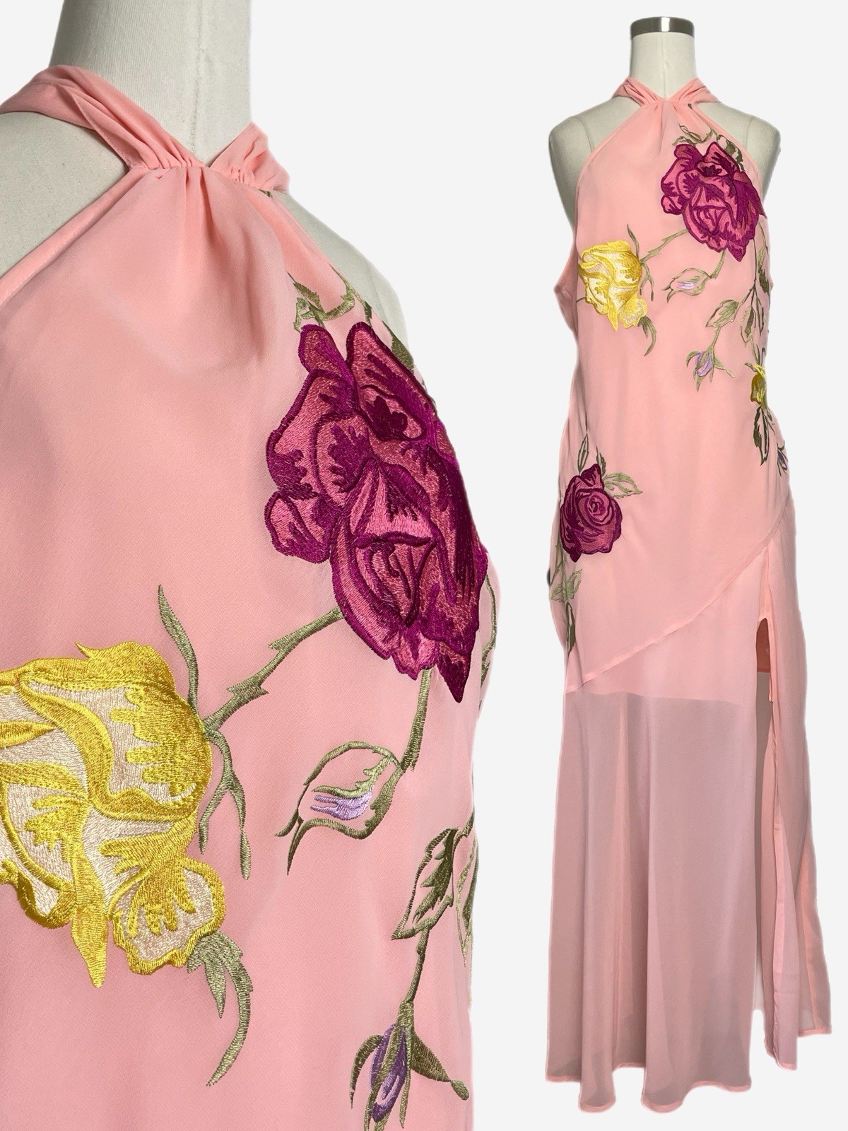 ASOS Design Pink peach embroidered floral bias cut halter midi spring event 10
