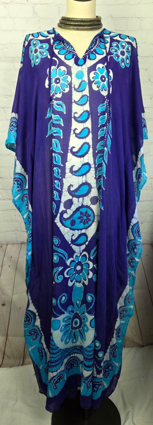 Batik Kaftan Dress Coverup Muumuu Handmade 100% Cotton Tropical Beachy Tribal L