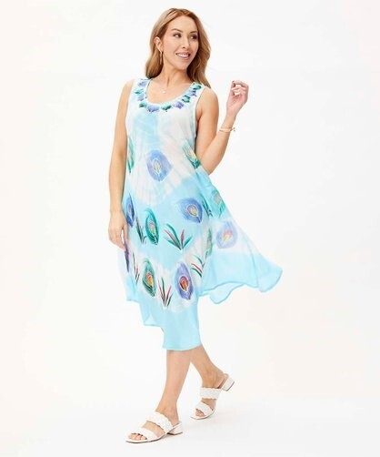 Jessica Taylor – Aqua & White Peacock Curved-Hem Sleeveless Dress – Plus Size 1X