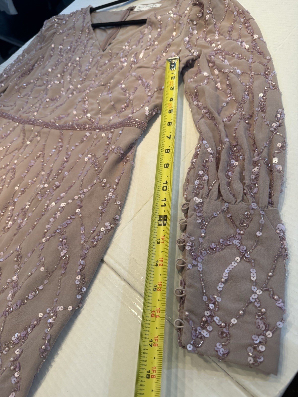 MAC DUGGAL 10767 SEQUINED ILLUSIONS LONG VINTAGE LILAC TRUMPET MIDI DRESS 10