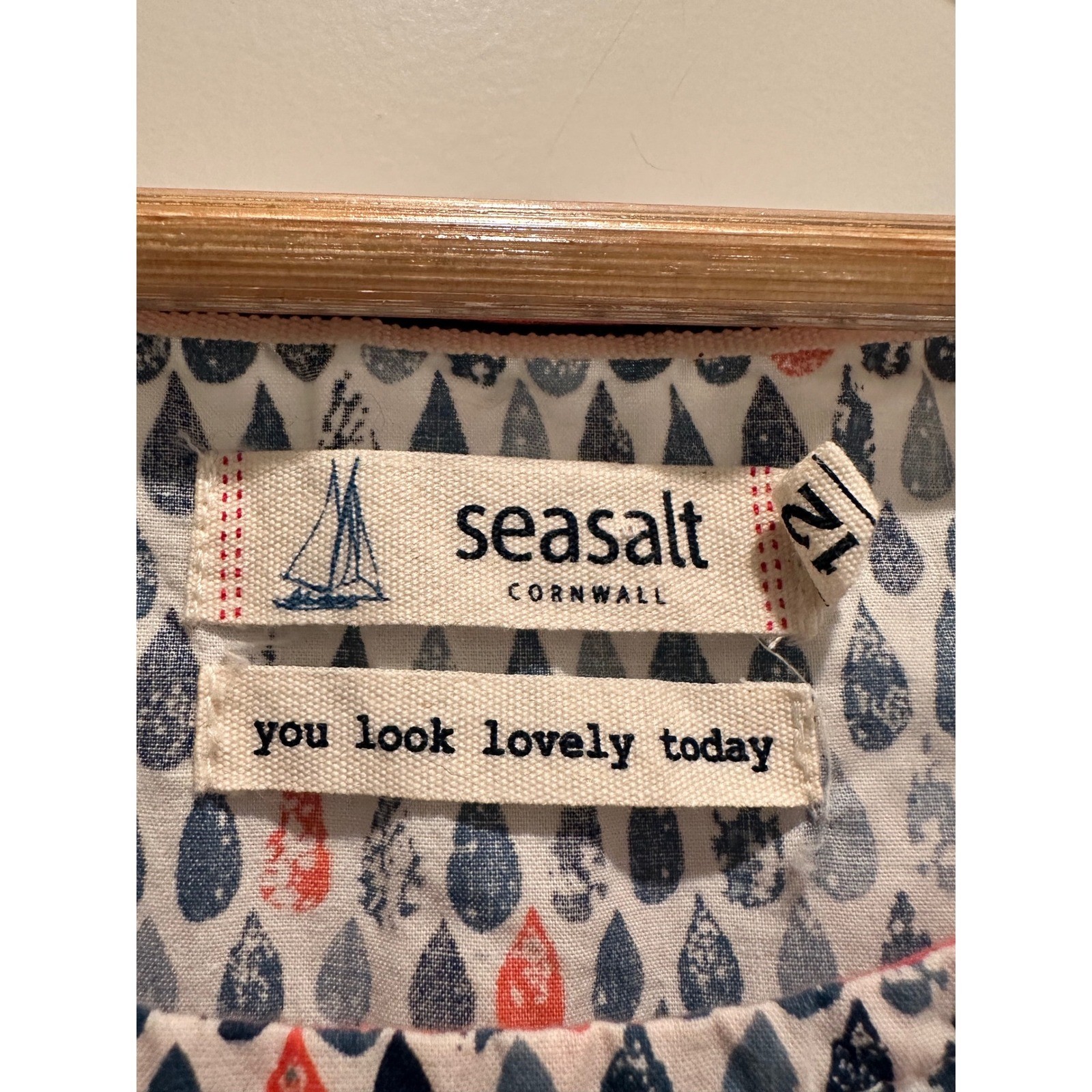 Seasalt Cornwall Gully Dress UK 12 US 8 Blue Raindrop Print Cotton Midi