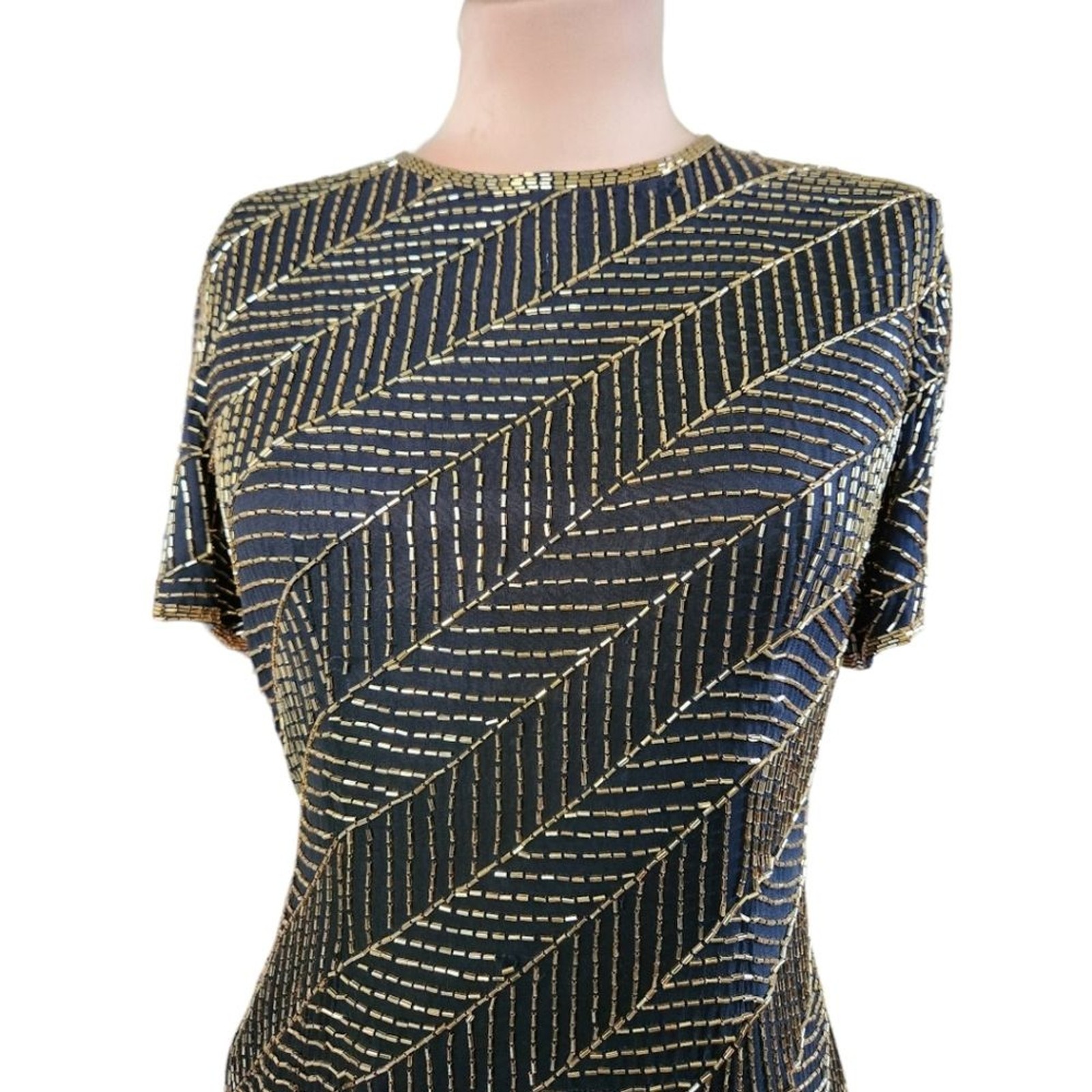 A.J. BARI Vintage 1980s Silk Beaded Sheath Dress – Size 10