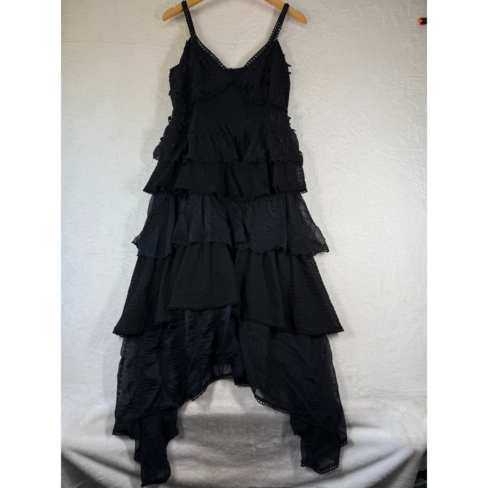 Lost Ink Black Floral Embroidered Swiss Dot Asymmetrical Midi Dress Small