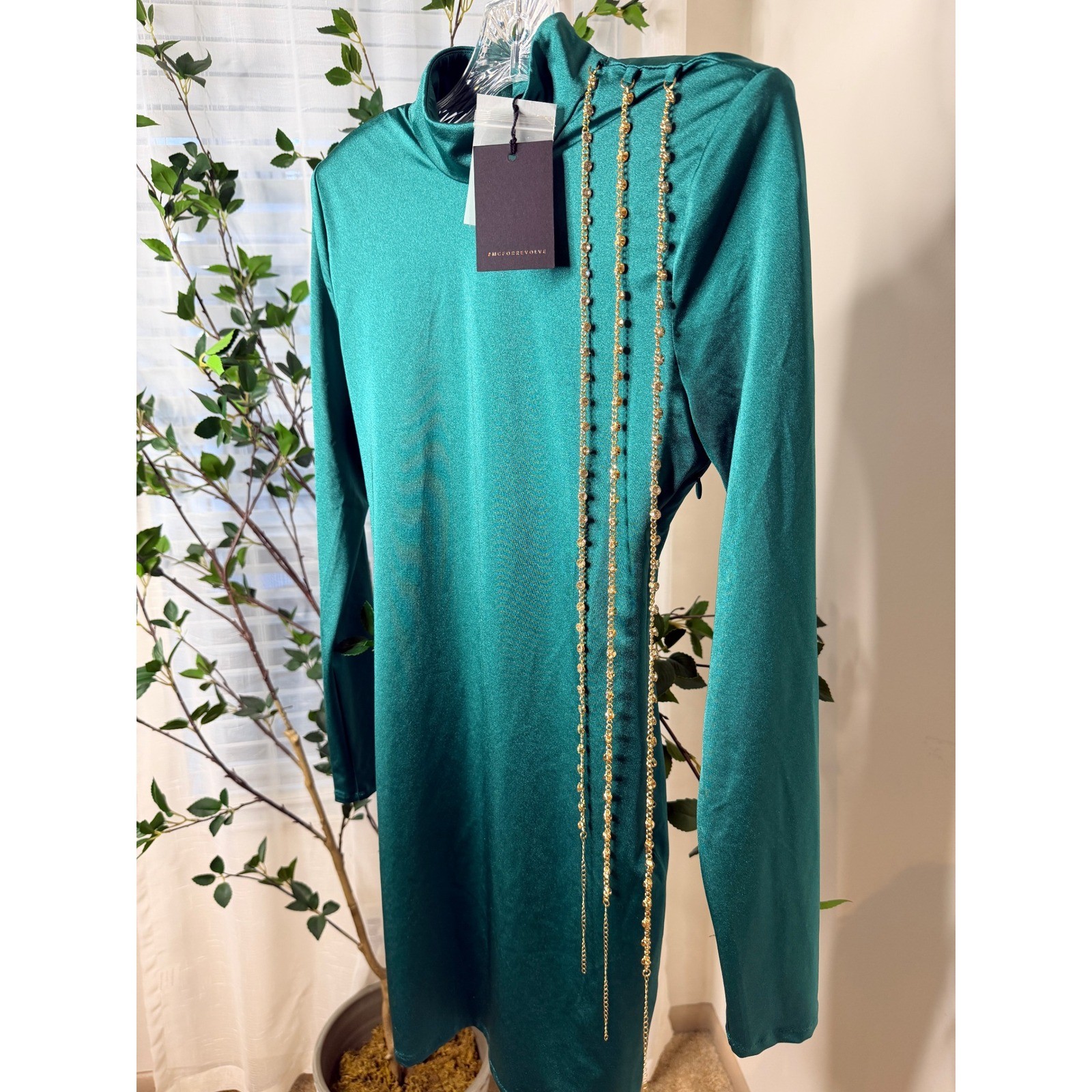Michael Costello x REVOLVE Emerald Green Satin Open Back Chain Mini Dress Small
