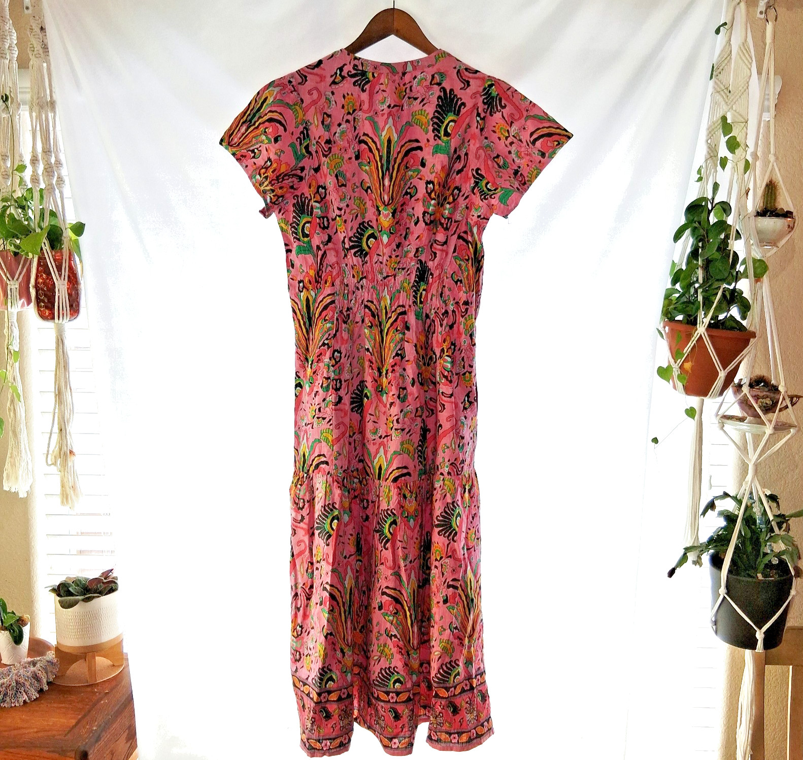 Uncle Frank Tropical Borders Pink Floral Midi Dress Womens L 100% Cotton