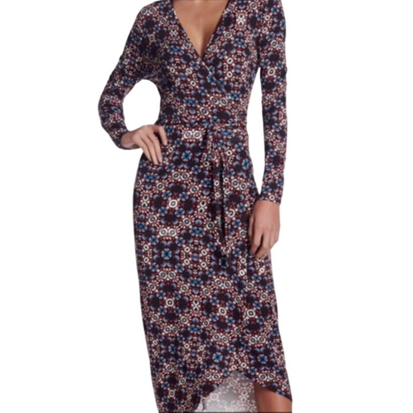Yumi Kim Wrap Dress Multicolor Womens Large Geometric Floral Long Sleeve Midi
