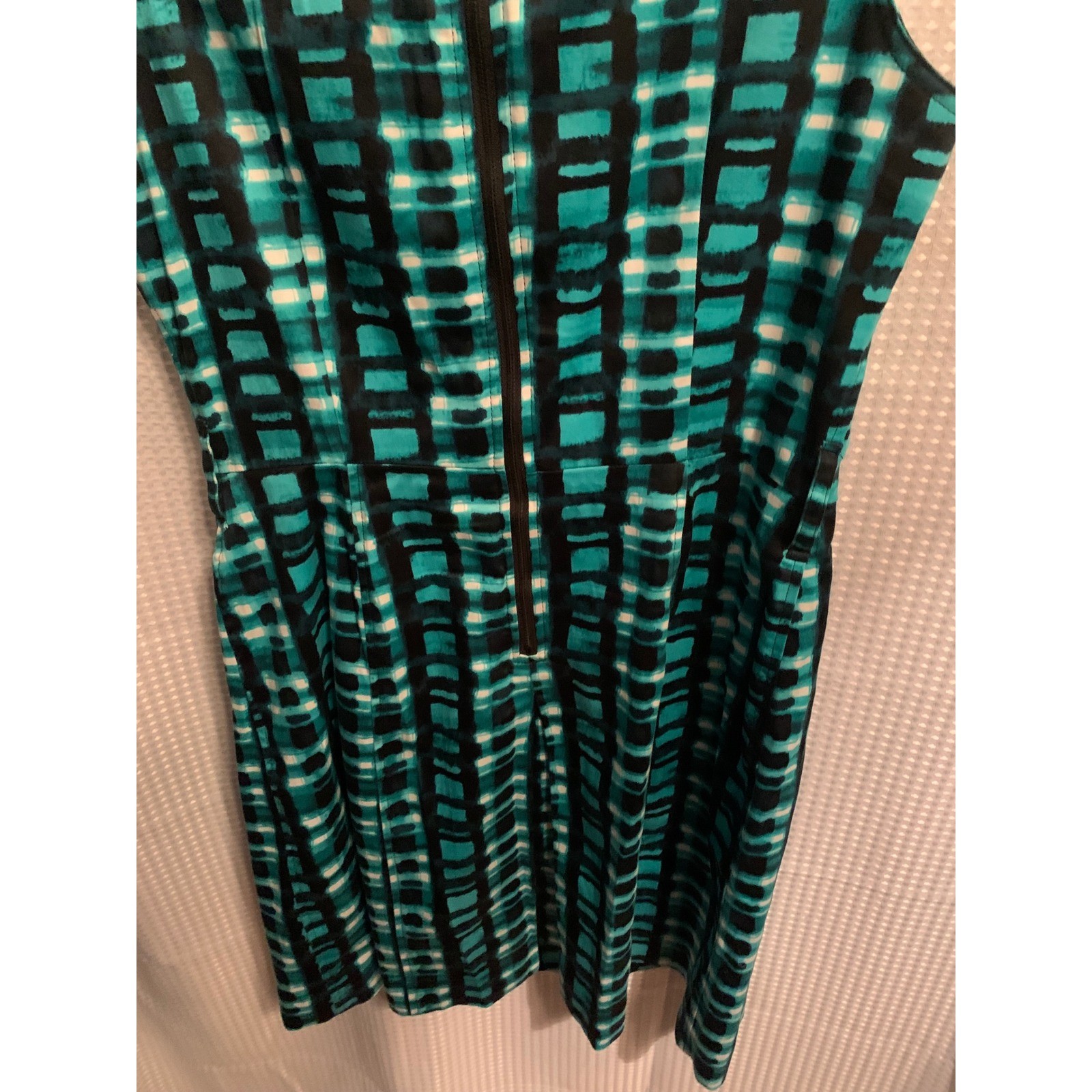 Calvin Klein Teal Black Geometric Grid Sleeveless Sheath Dress Size 12 Pocket