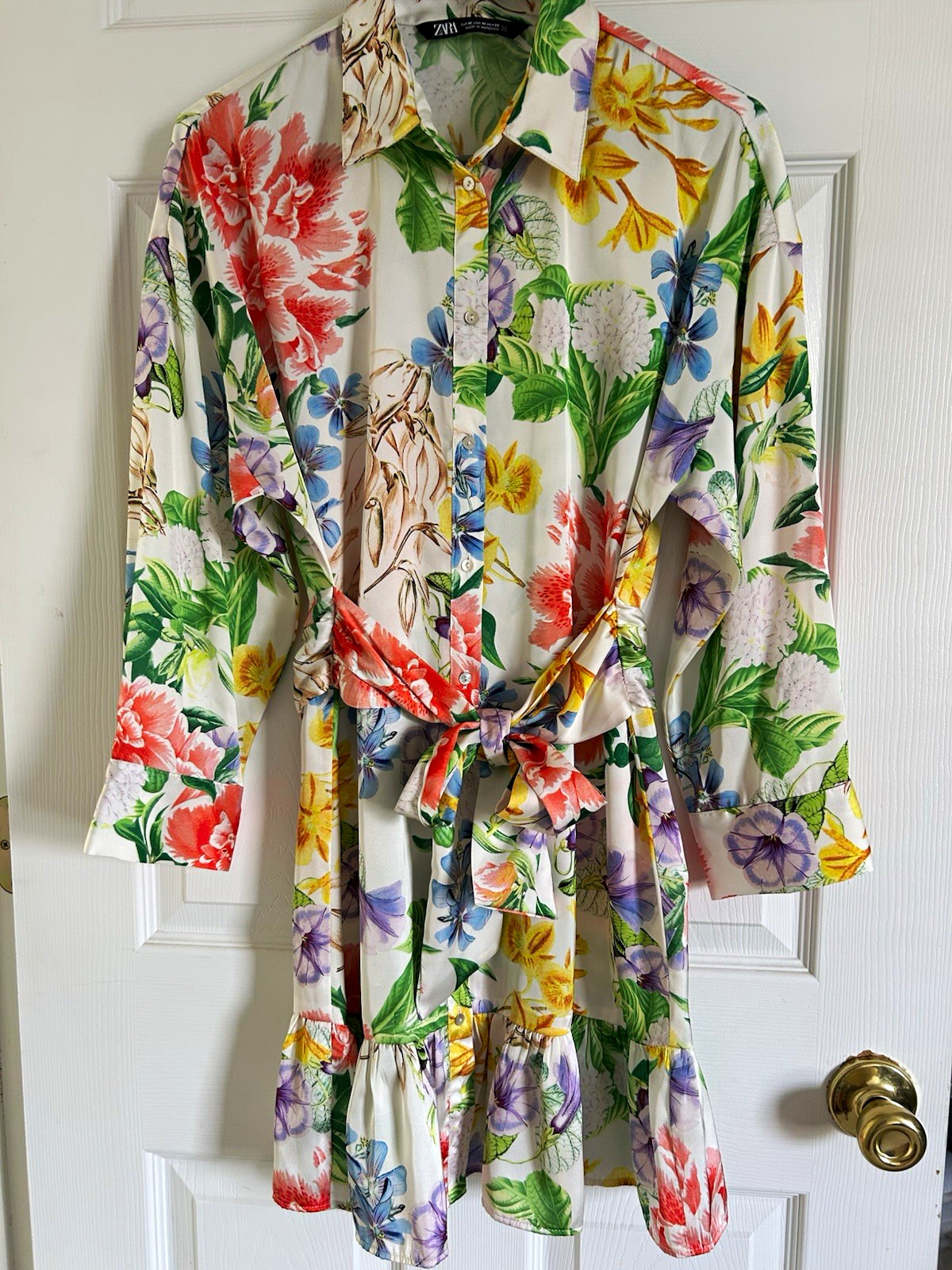 ZARA Multicolor Floral Satin Shirt Dress Collared Belted Long Sleeve M