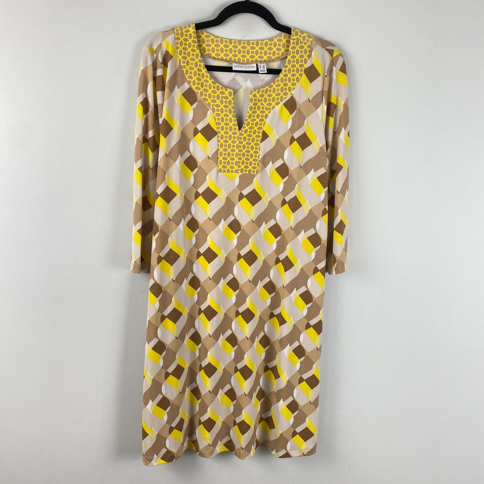 Susan Graver Printed Liquid Knit Split Neck Dress Size Petite Large Pockets