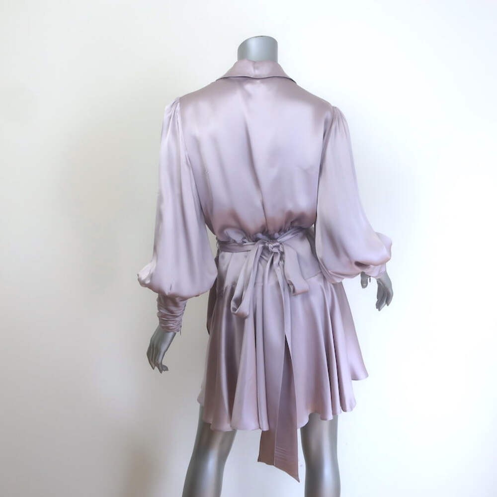 Zimmermann Blouson-Sleeve Mini Wrap Dress Lavender Silk Satin Size 2