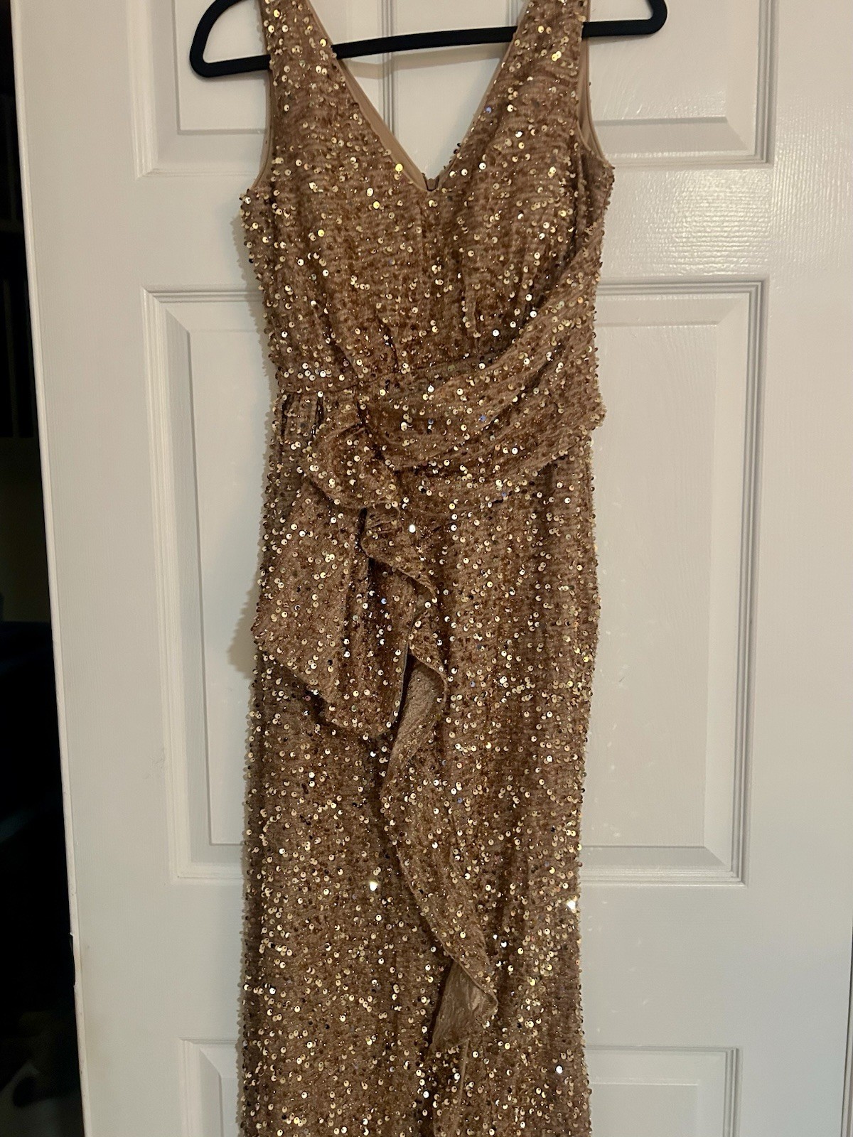 Draped Asymmetric Party Dress Prom Evening GOLD V Neck Ruched S Sequined Ruffle