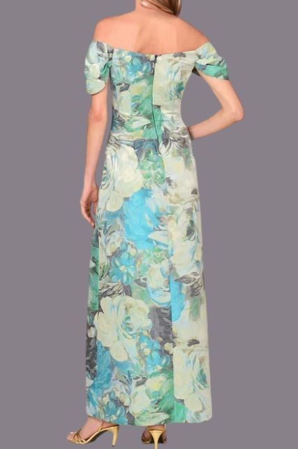 $595 Aidan Mattox Off Shoulder Floral Jacquard Pleated Gown Size: 6 -Blue Multi
