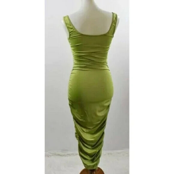 Women Green Square Neck Ruched Midi Tank Dress Sleeveless Soft Bodycon S M L
