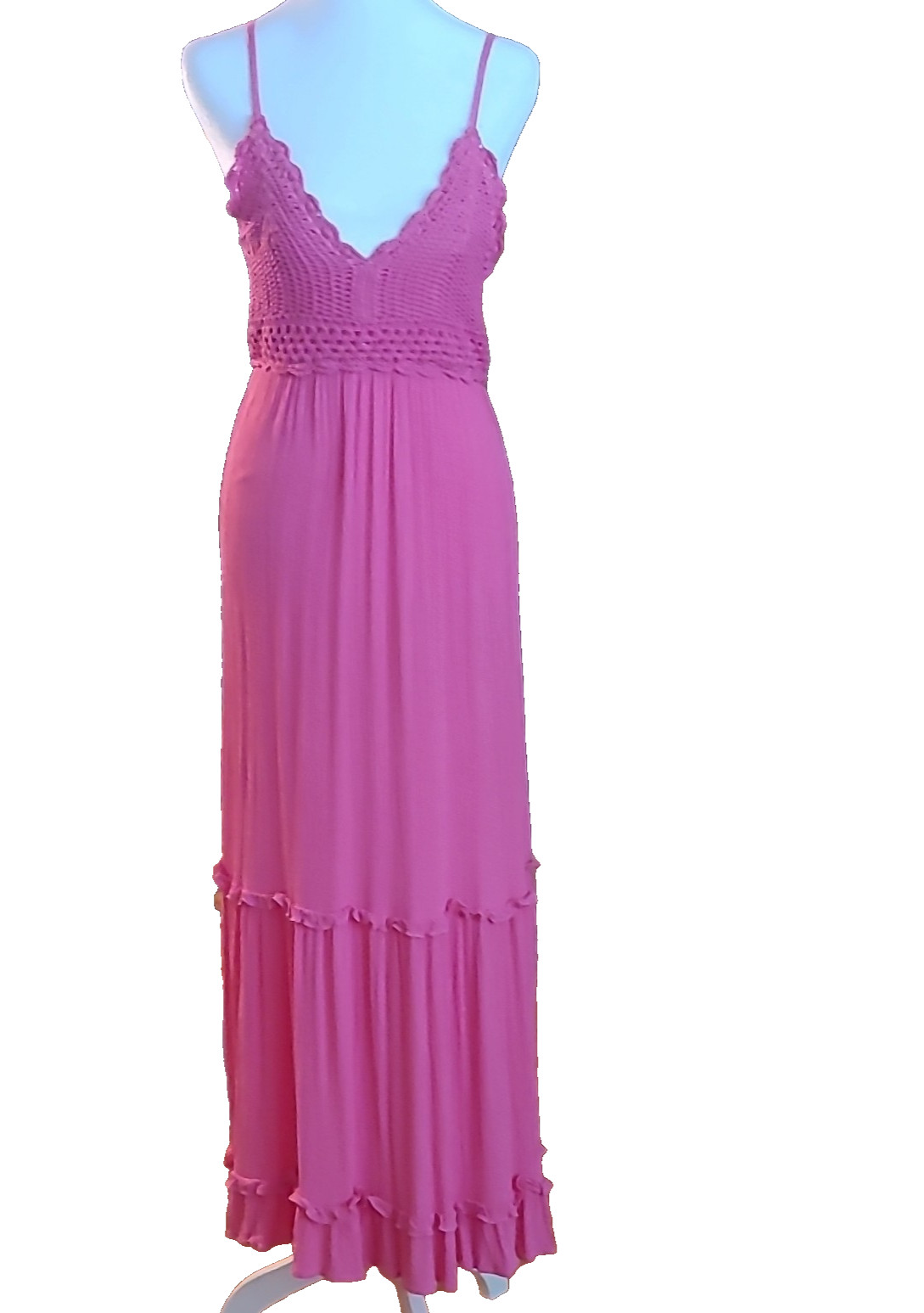 Charlotte Russe Boho Pink Crochet Pleated Strappy Maxi Style Sun Dress Size S