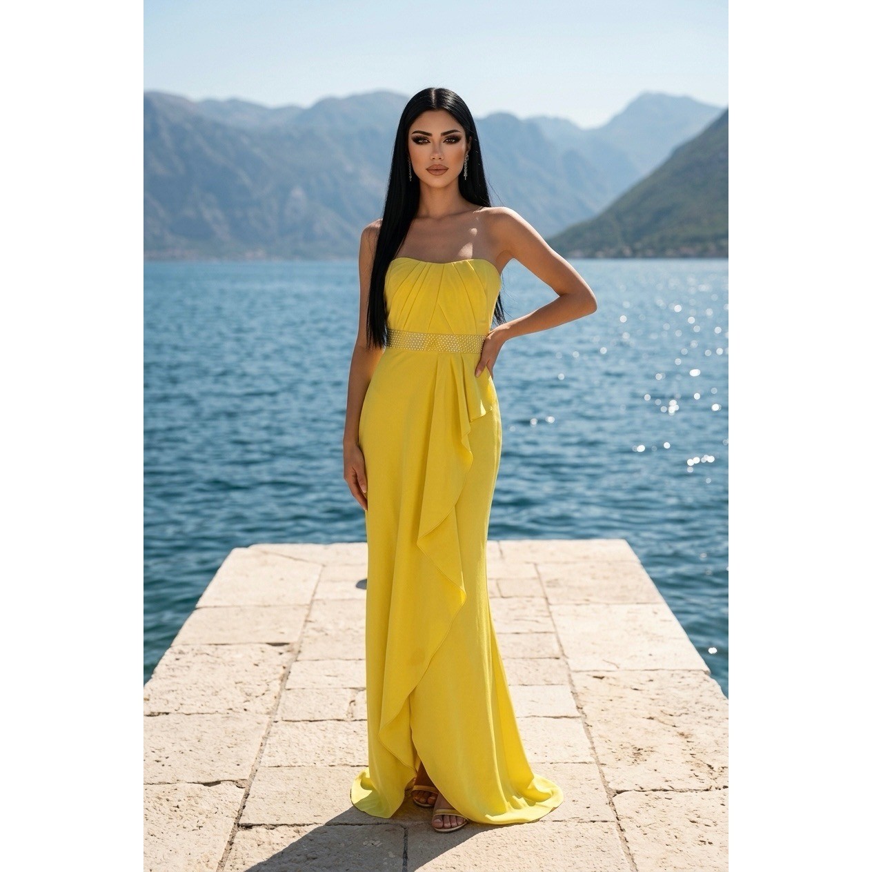 Nicole Miller Yellow Strapless Embellished Waist Ruffle Evening Gown Maxi Dress