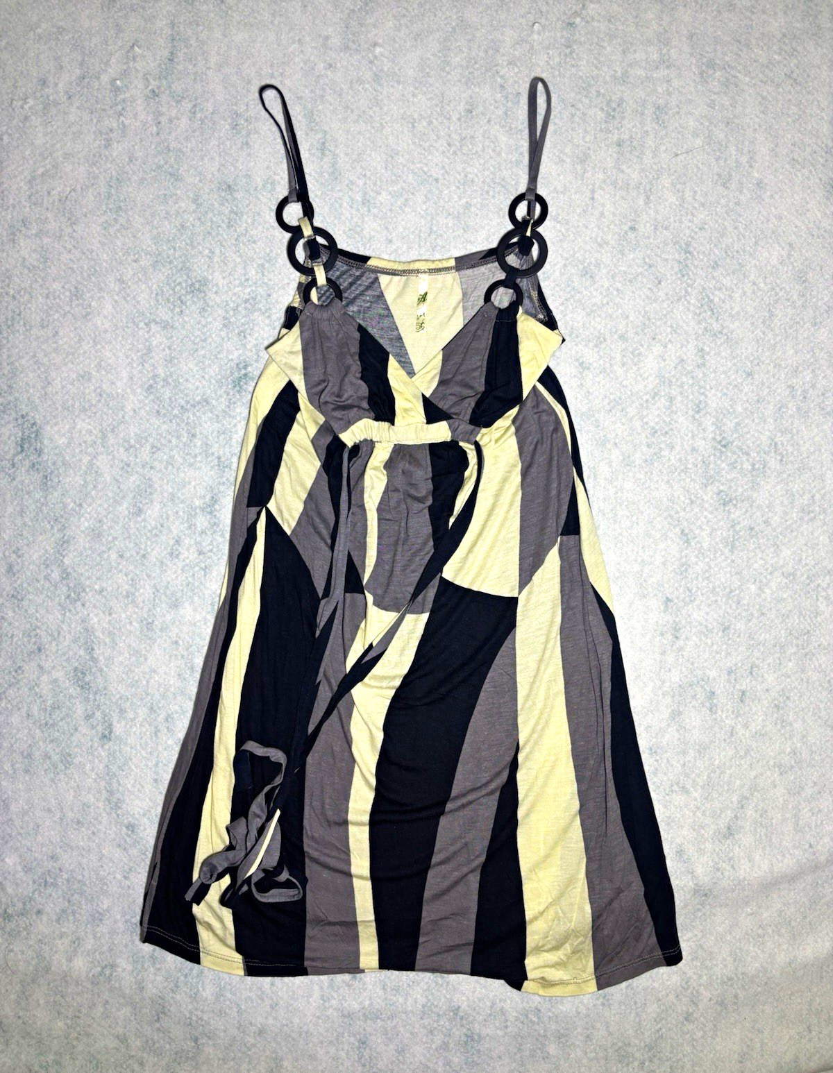 Women’s Black/Gray/Cream Striped Rayon Mini Slip Dress Spaghetti Strap V-Neck L