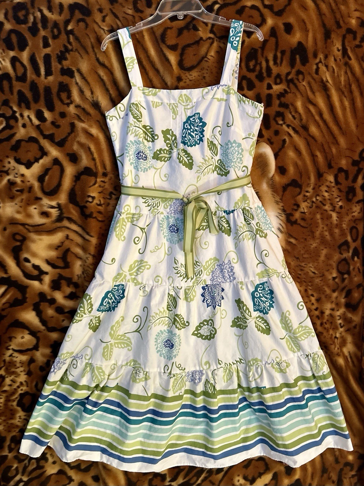 Floral Leaf Print Tiered ruffled Midi Smocked Sleeveless fully lined size 12
