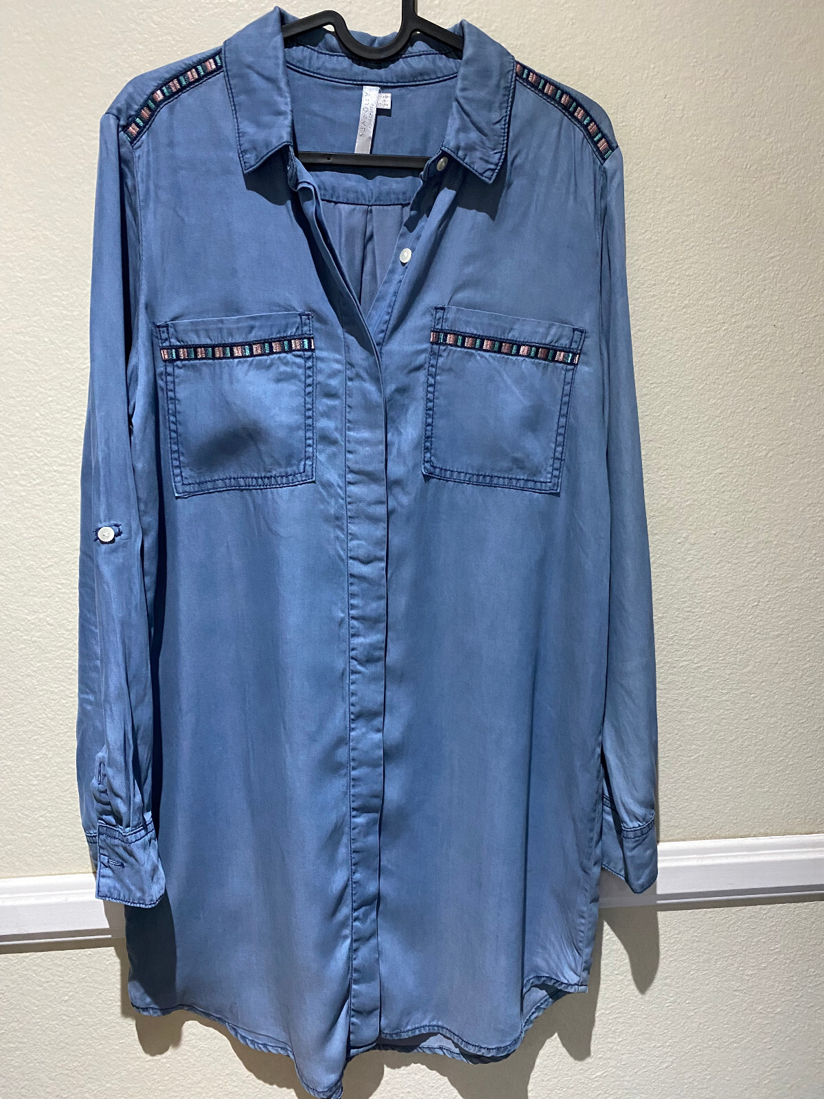 Seafolly Australia Long Sleeve Denim Shirt Dress w/ Embroidered Trim Women’s S