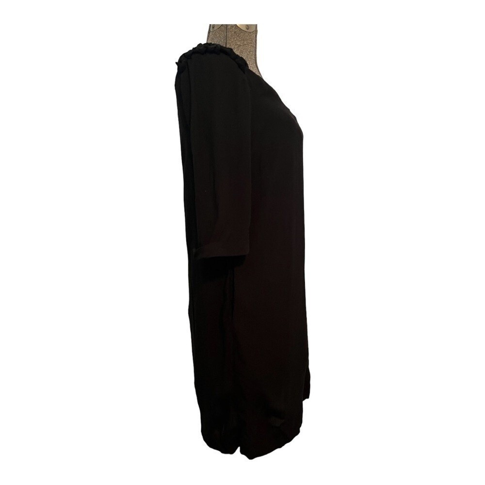 Sfera Shift Dress Womens Small Black Ruffle Shoulder 3/4 Sleeve Pockets Casual