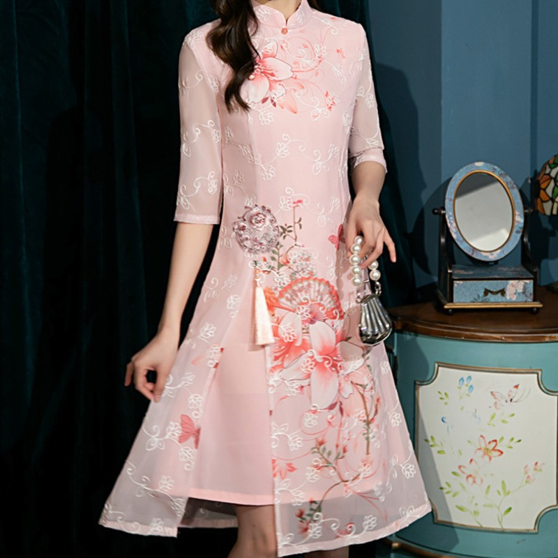 Women Qipao Cheongsam Dress Mesh Embroidery Slim Fitted Elegant Midi Casual