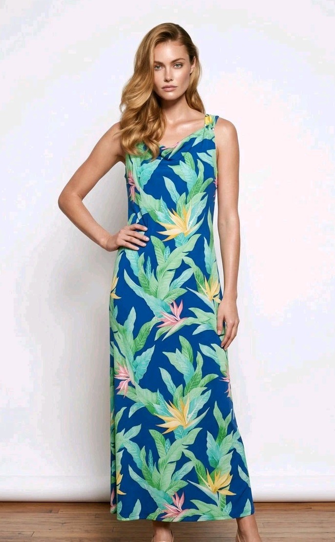 Tommy Bahama Nirvana Night Maxi Dress L Tropical Resort Boho Floral Blue Green