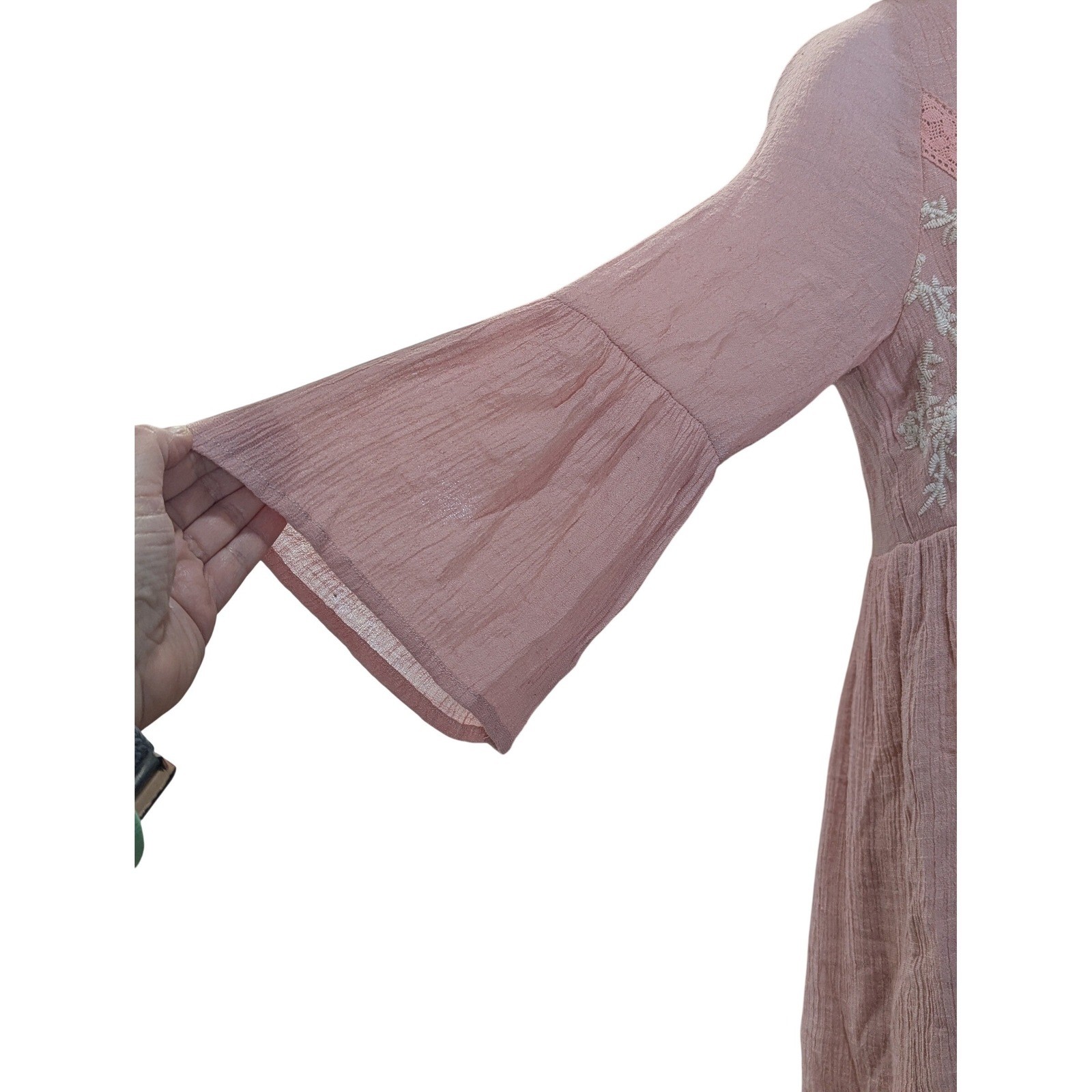 Tassels N Lace Pink Embroidered Bell Sleeve Babydoll Mini Boho Dress Small