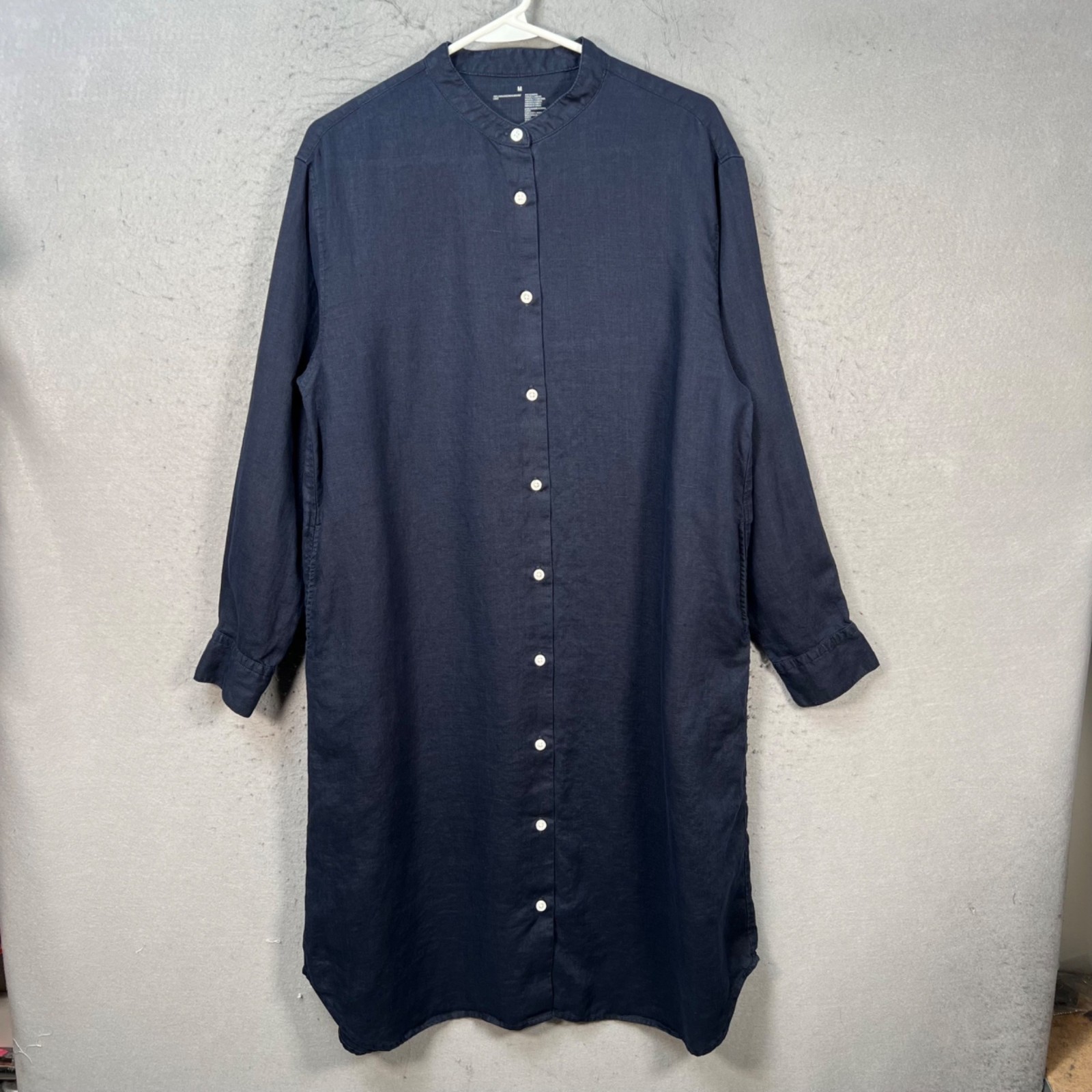 Muji Womens Size Medium Linen Button-Down Tunic Dress Navy Blue Long Sleeve