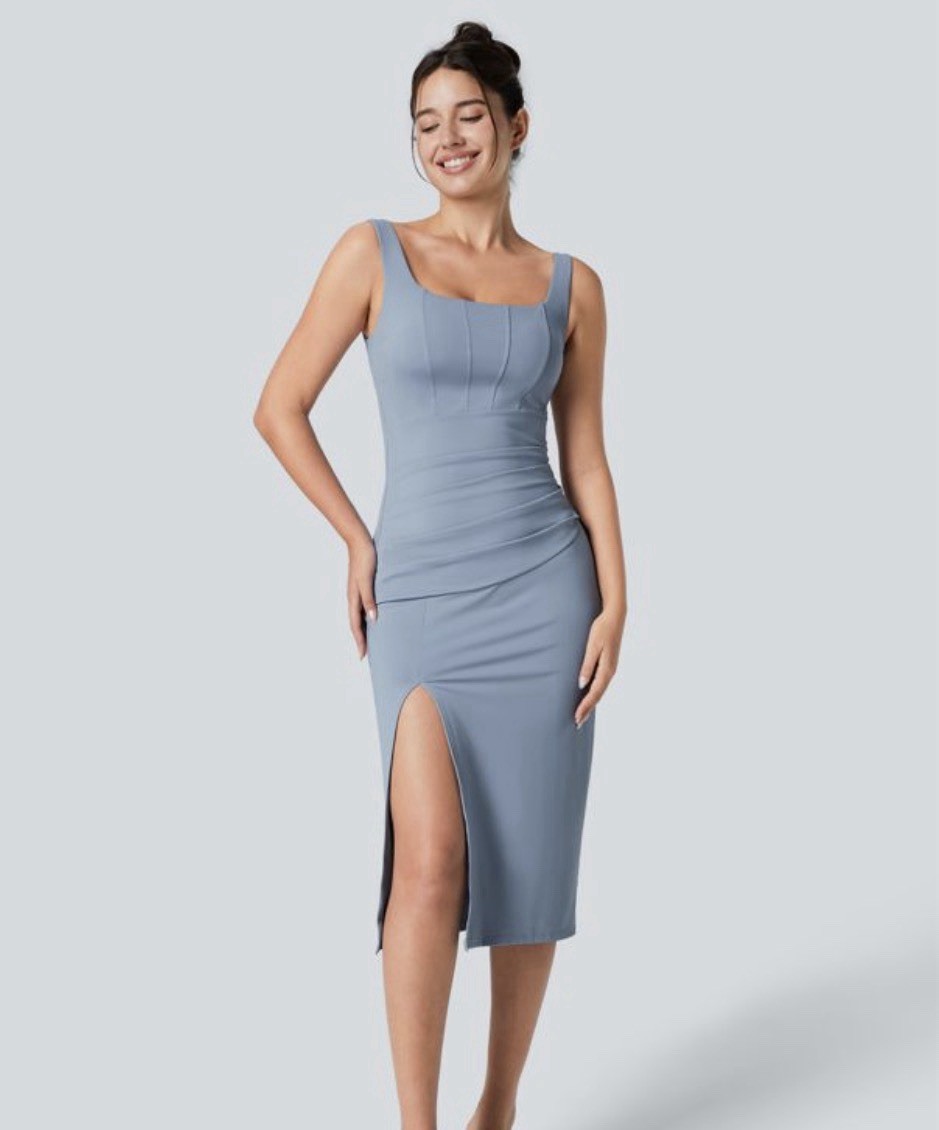 Women’s Blue Solid Bodycon Sheath Midi Dress Square Neck Ruched Side Slit M