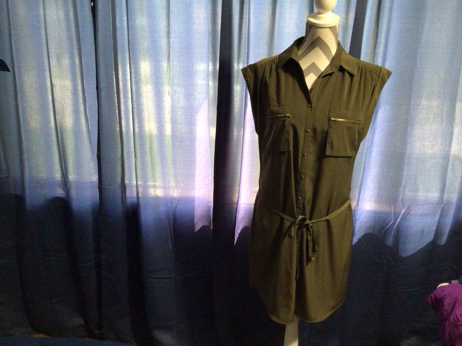 Express Olive Sleeveless Button Front Zip Pockets Belted Lined Short Dress M