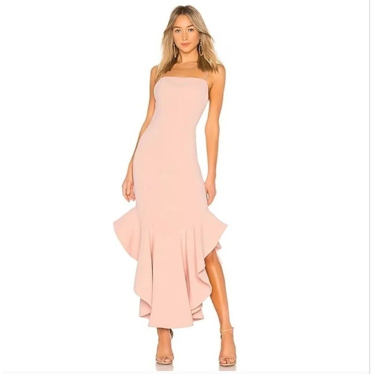 Lovers + Friends James Mermaid Midi Gown Size XS Pink NEW Ruffle Formal Dress