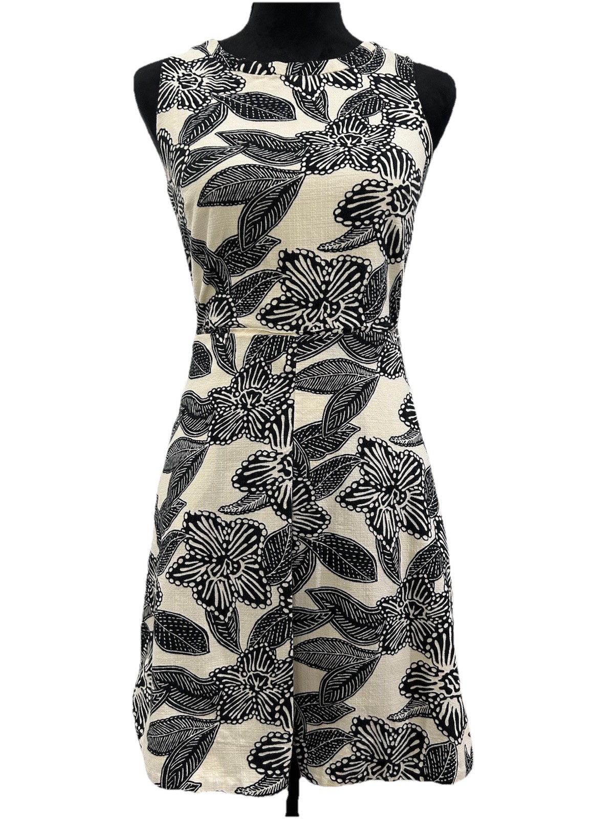 J Crew Polynesian Womens Sz S Dress Sleeveless Tropical Cream Black Floral Print
