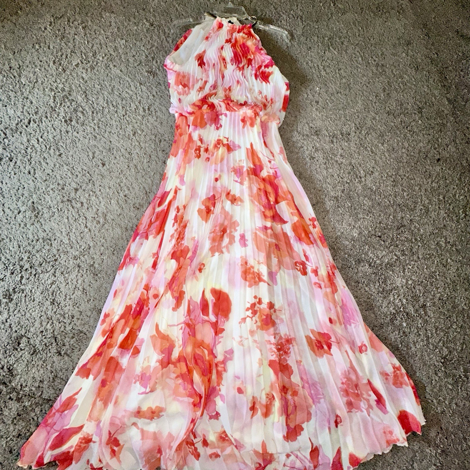 MSK Ladies Sz 14 Floral Chiffon Halter Maxi Dress Pleated Lightweight Lined