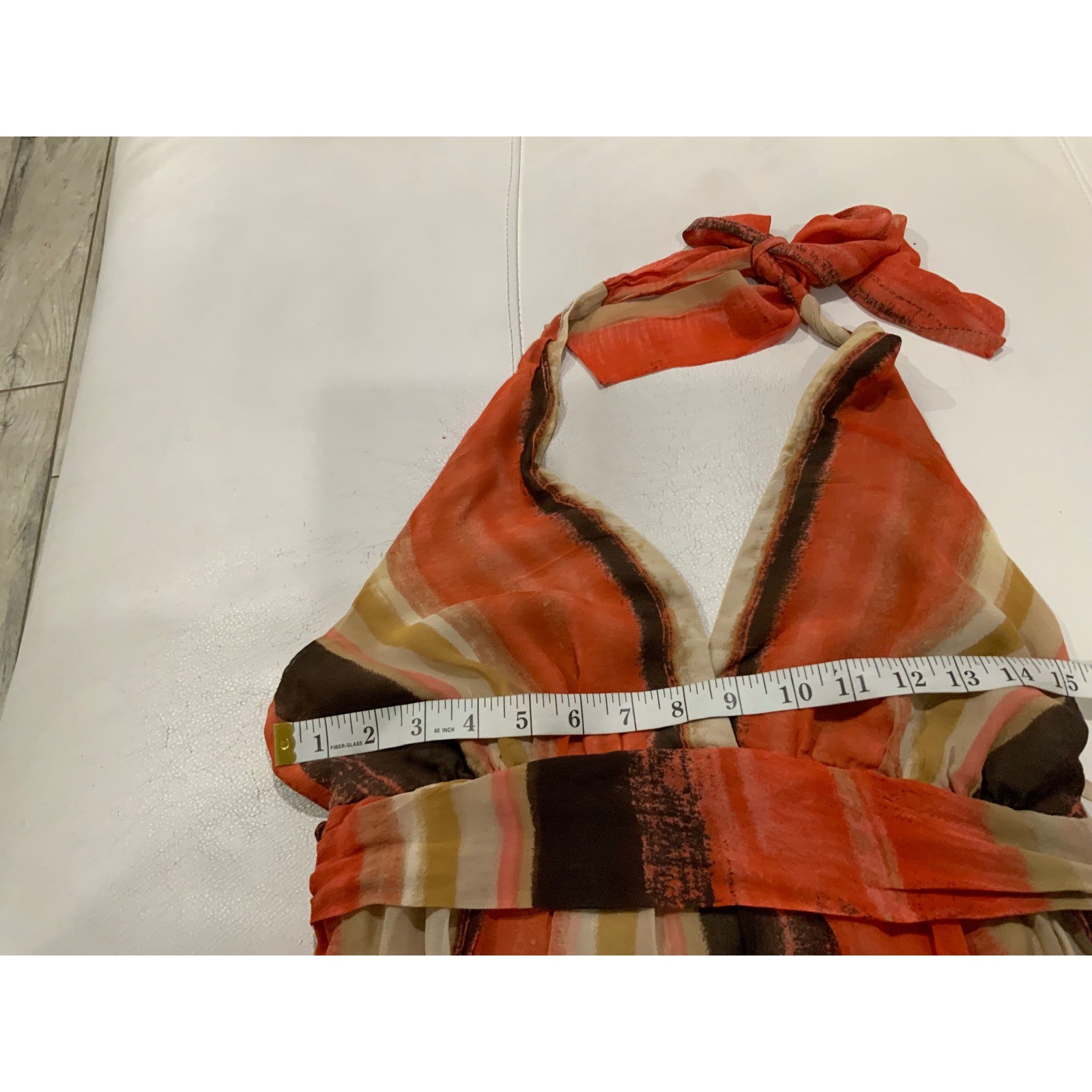 Orange Abstract Stripe Silk Halter Mini Dress V-Neck Empire Waist Bubble Hem