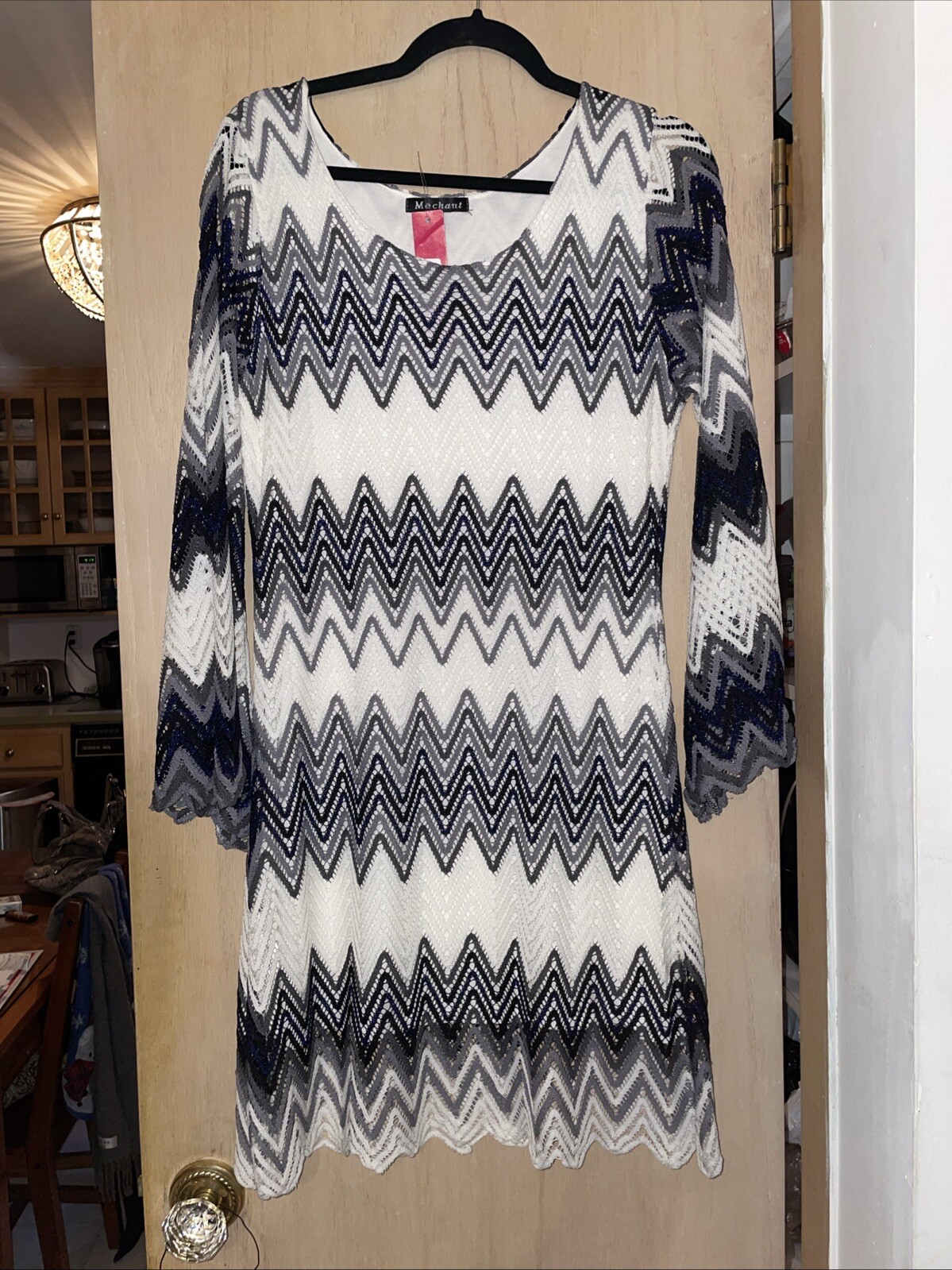 NWT Mechant Crochet Blue White Grey Zig Zag Chevron Bold Pattern Dress X-Large