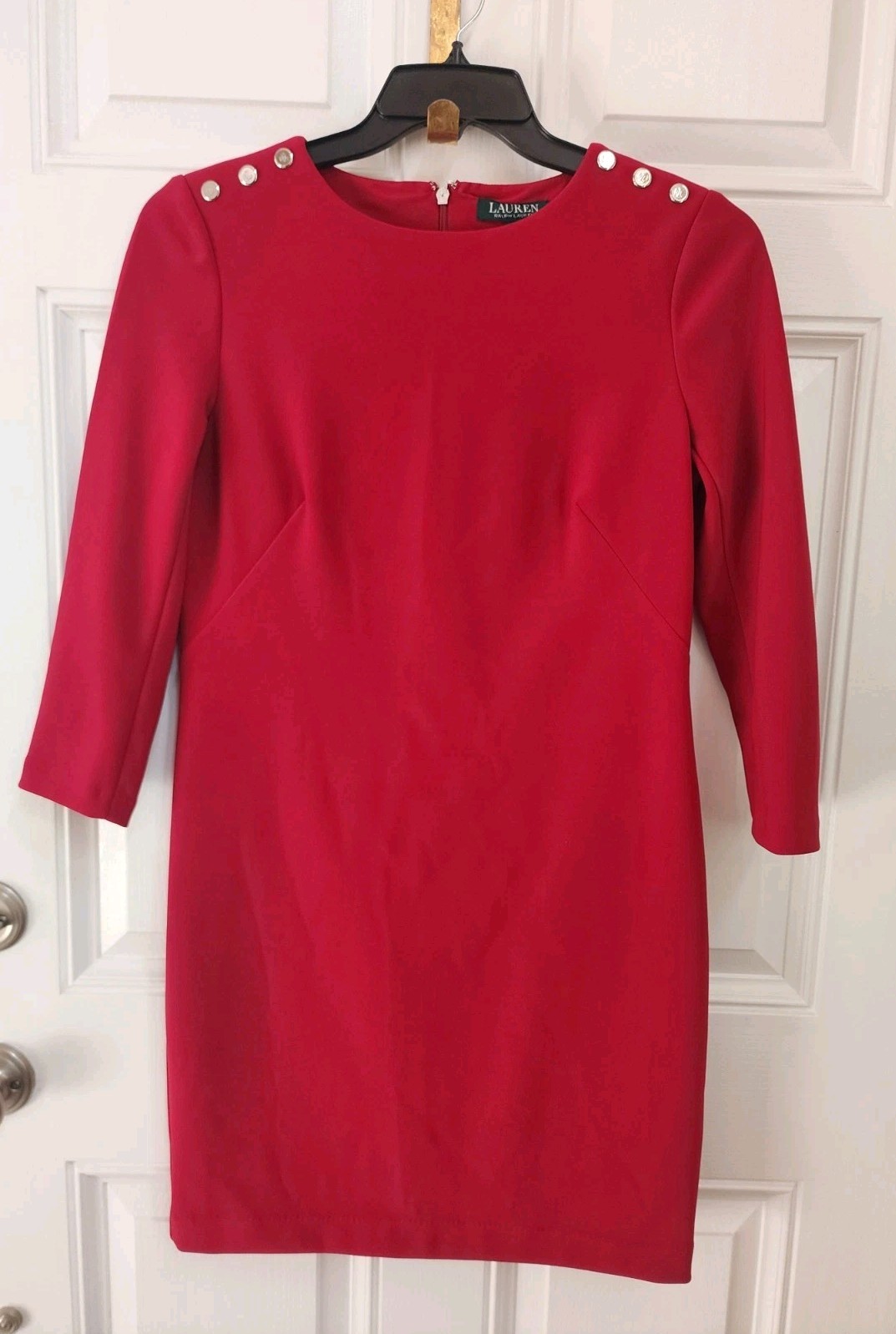 RALPH LAUREN Red Logo Button Round Neck Long Sleeve Stretch Sheath Dress Sz 8