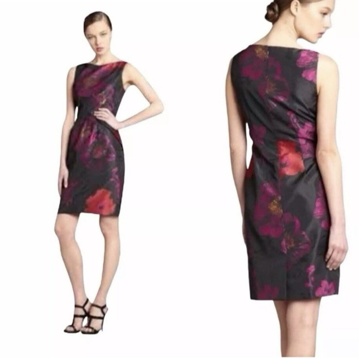 Tahari Dress 14 Pink Red Gold Black Sleeveless Sheath Career Church Party