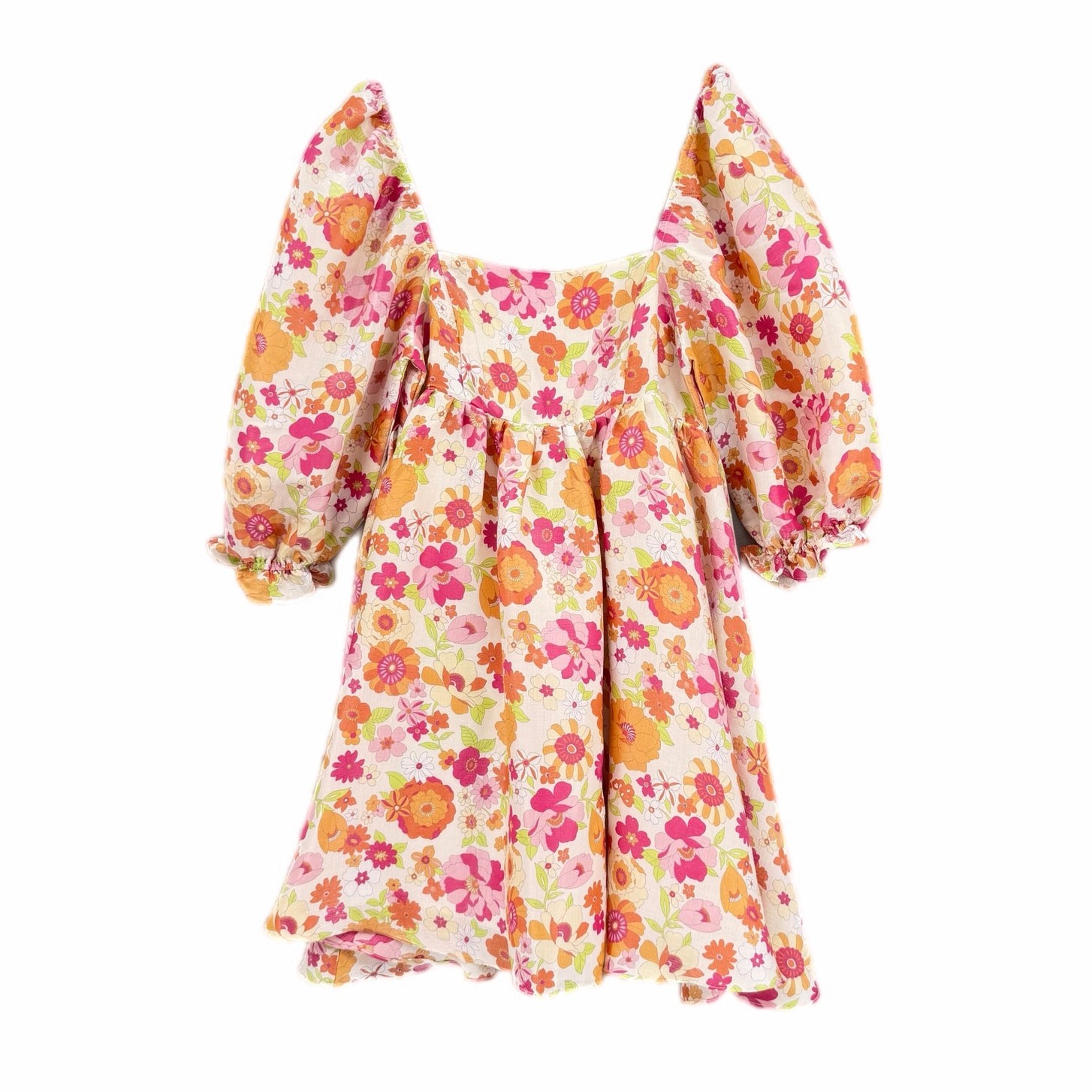 Storia M White Pink Shiny Floral Square Neck Puff 3/4 Sleeve Babydoll Mini Dress