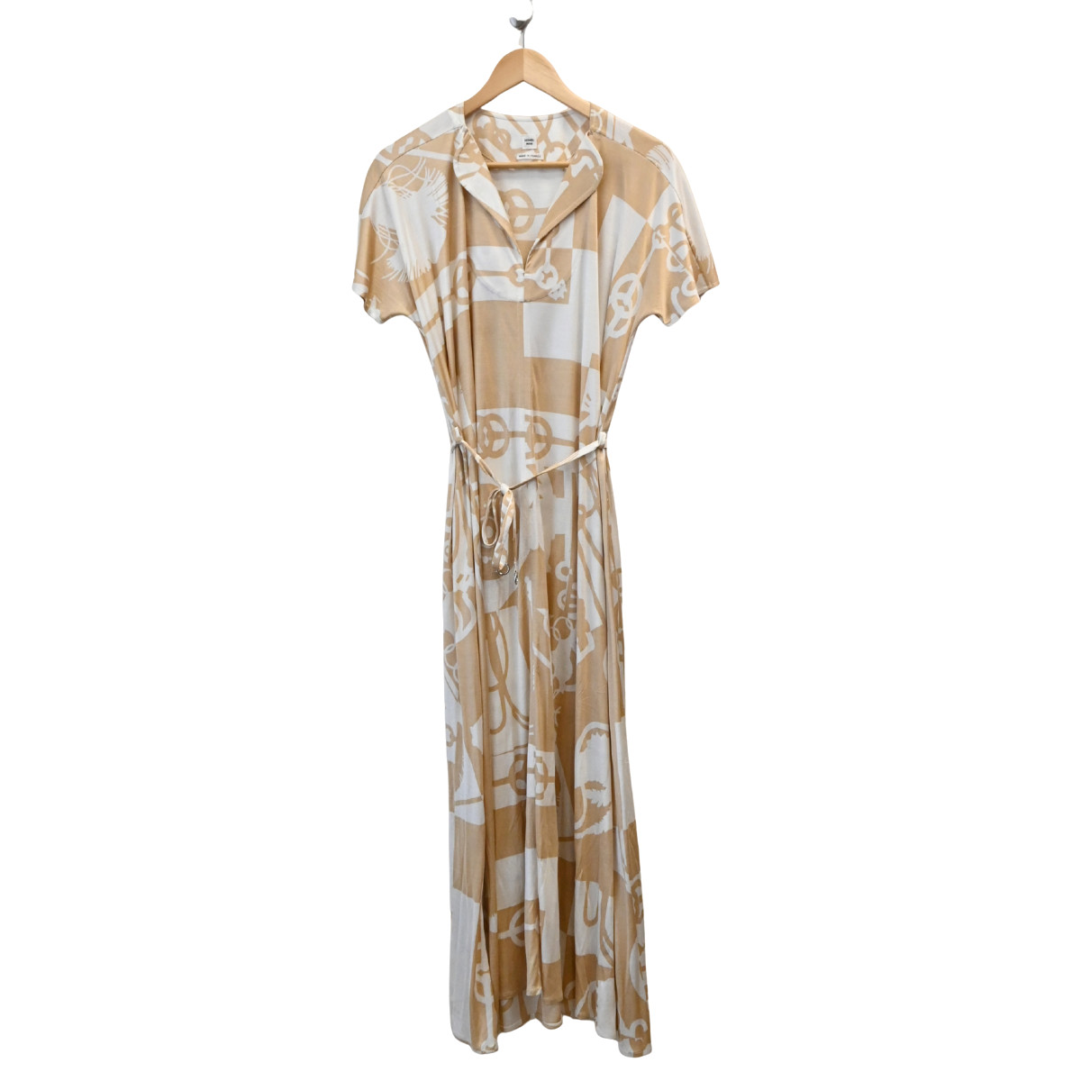 Hermes Beige Ivory Equestrian Print Belted Midi Dress Size 36 / Approx. US 4