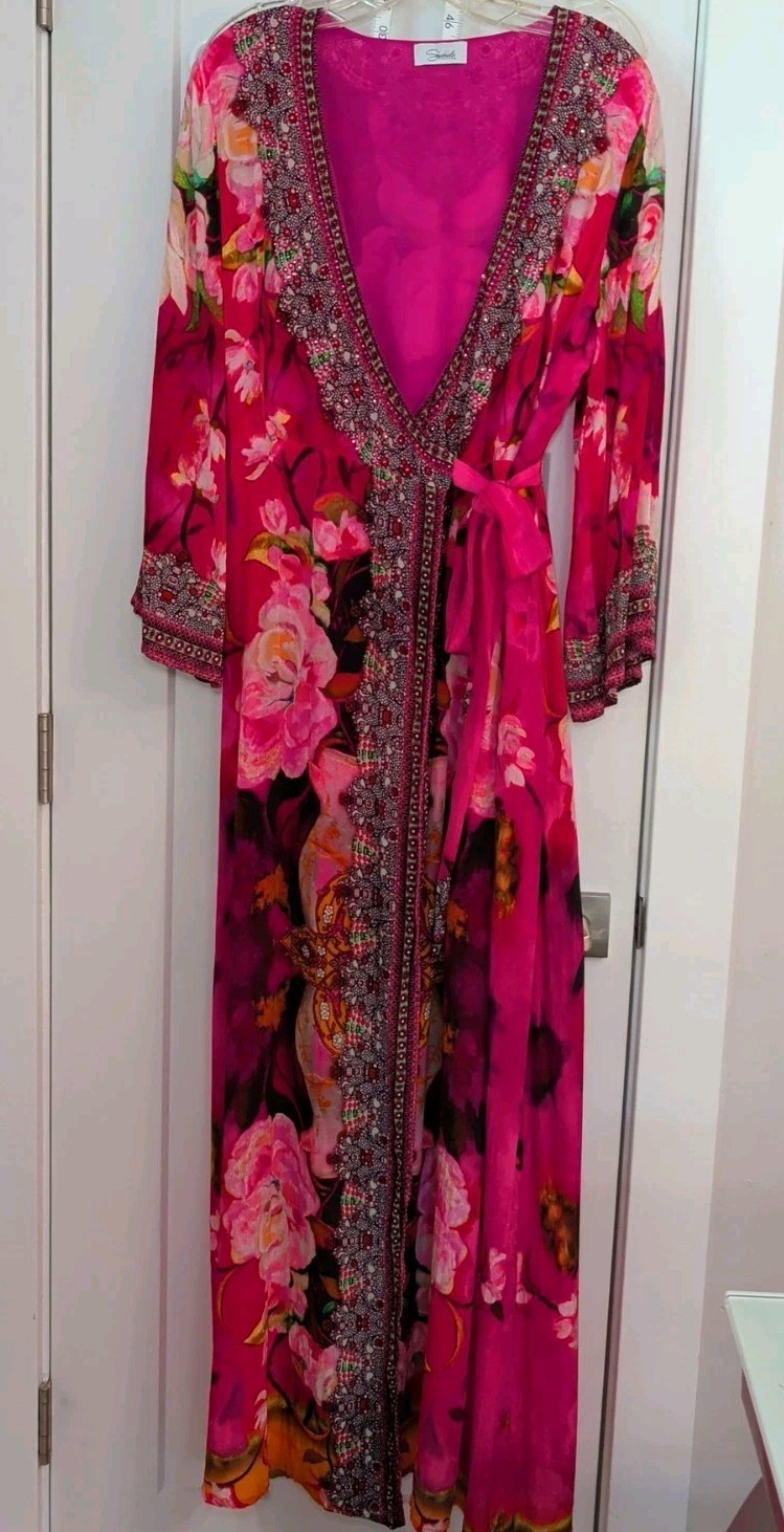 SHAHIDA PARIDES Rhinestone Beaded Wrap Maxi Dress Silk Sz M/L Floral Print Pink