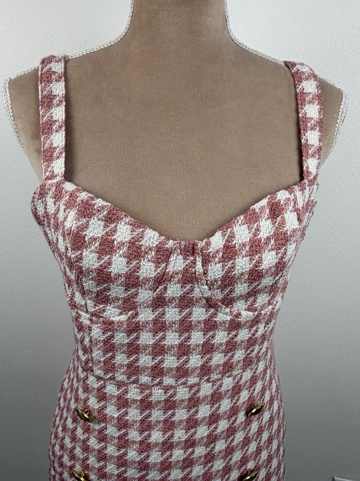 Forever 21 Pink White Tweed Houndstooth Mini Dress Gold Buttons Medium NWT
