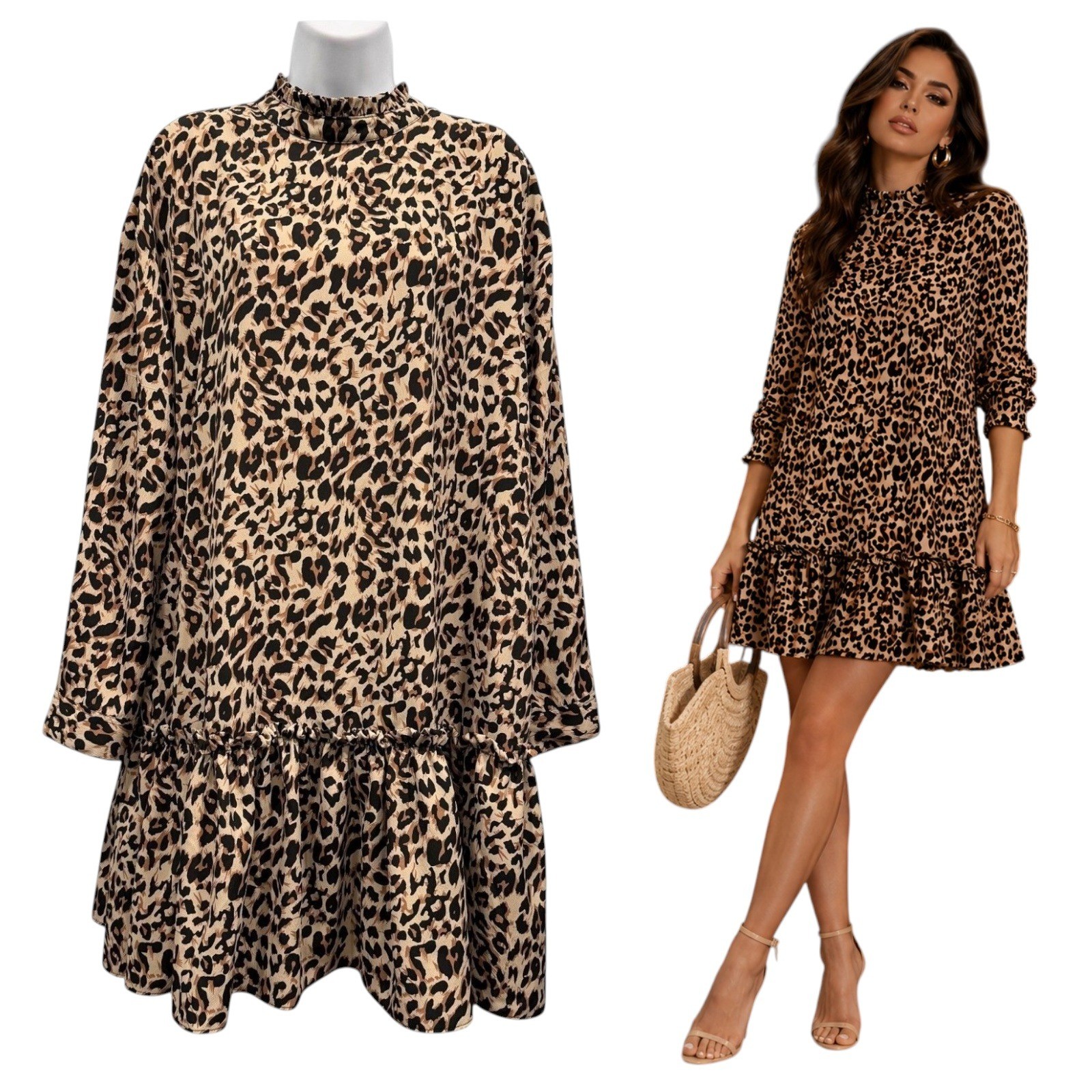 ASOS Animal Print Mini Dress Drop Waist Ruffle Hem Mob Wife Edgy Glam Size 8
