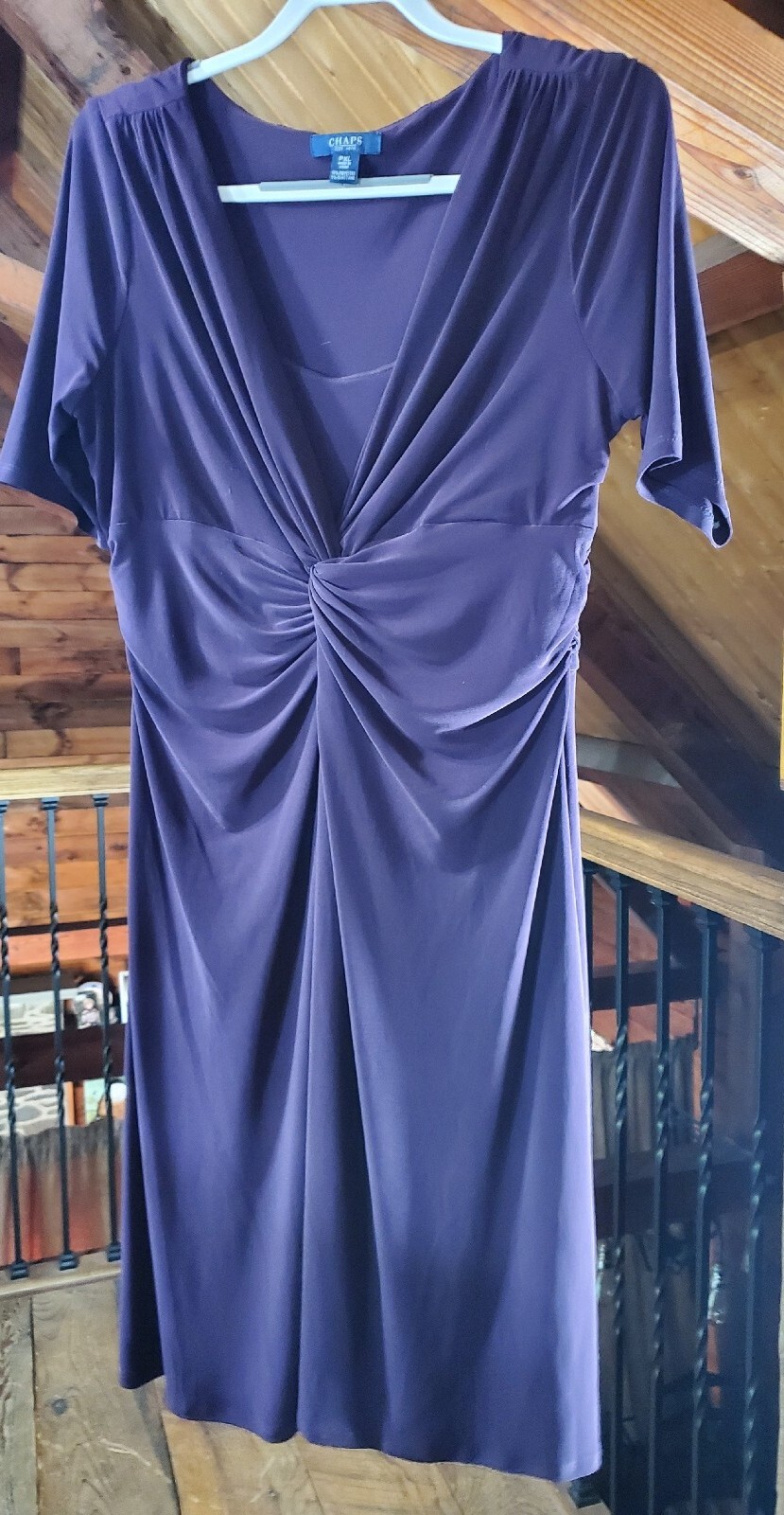 Chaps Womens Dress Petite XL Plum Purple Elbow Slv Knit Jersey Party Faux Wrap
