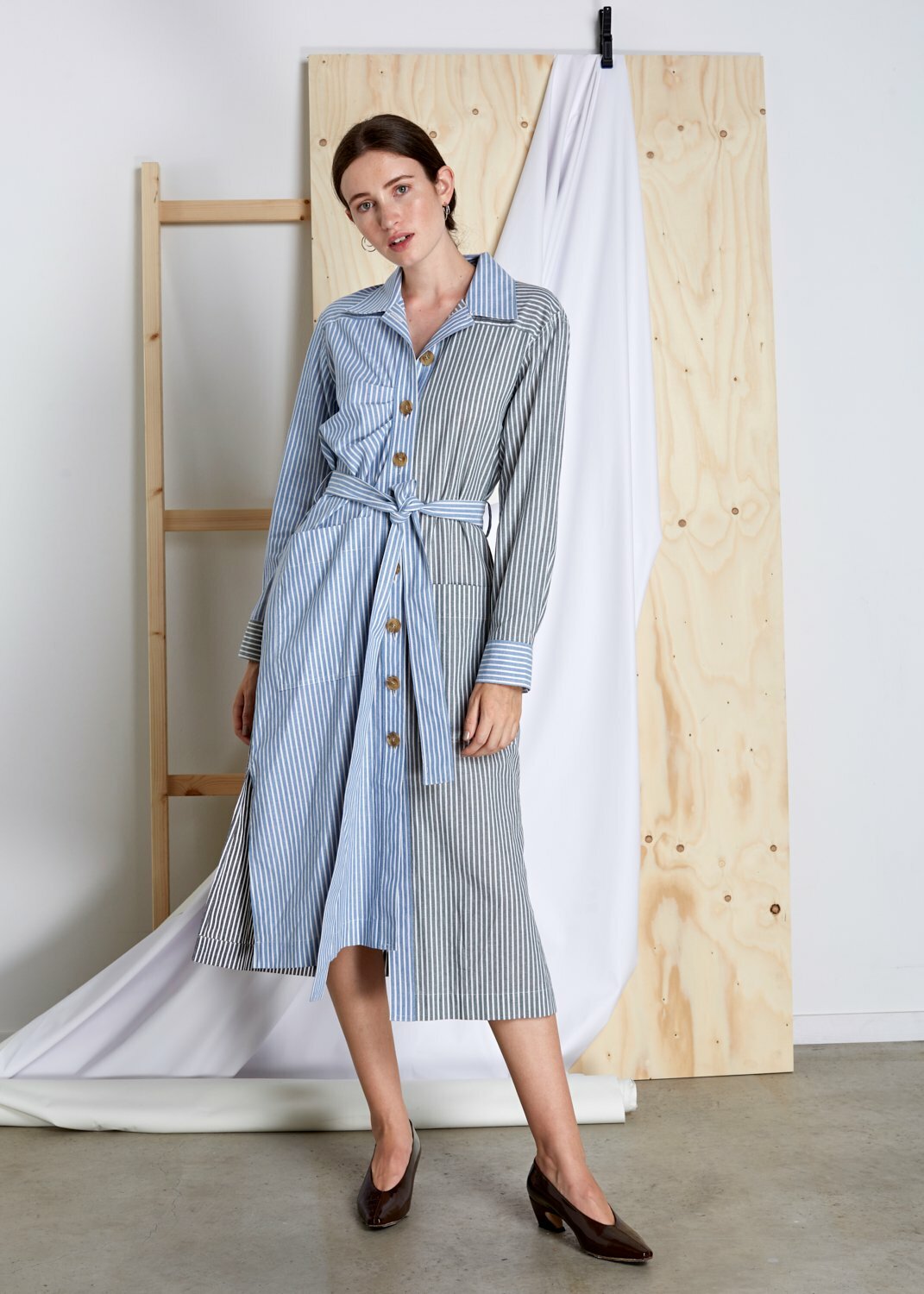 REJINA PYO Black Blue Stripe Asymmetric Tie Waist Cotton Button Shirt Dress M 8