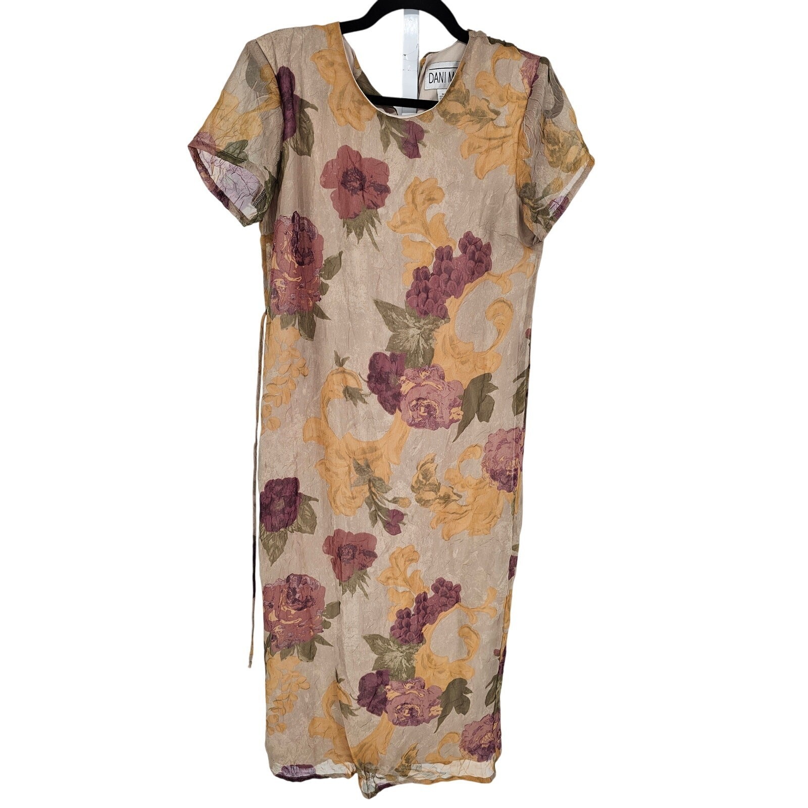 Vintage 1990s Dani Max Womens Sz 10 Short Sleeve Midi Dress Beige Floral Print