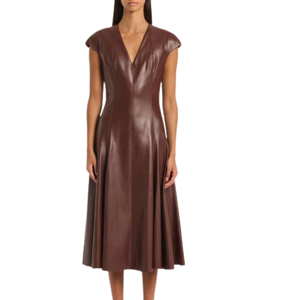 Women Brown Real Leather Midi Dress V Neck A Line Elegant Party Cocktail Dress