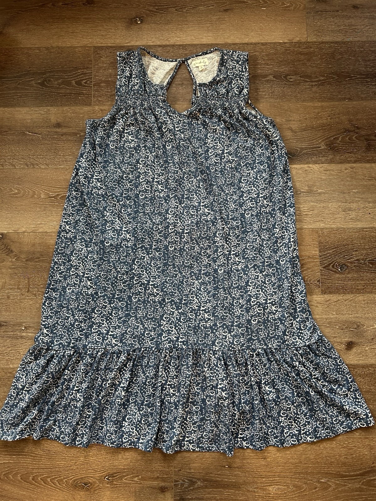Wonderly Blue Floral Boho Tear Dress 1X Sleeveless Ruffle Hem Casual