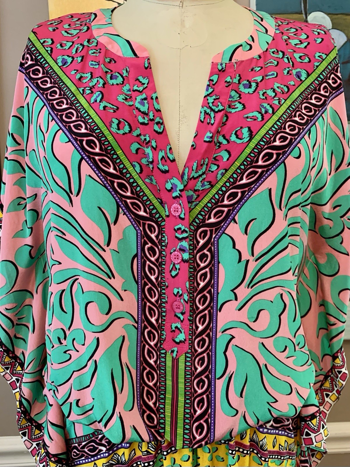Hale Bob Silk Blend Vibrant Mixed Print Kaftan Tunic Mini Dress